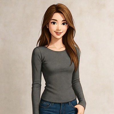 Anime girl in gray top and jeans