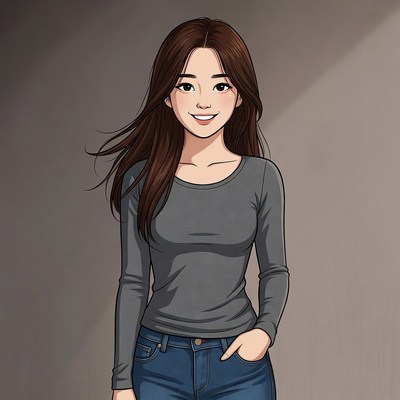 Asian woman in gray top and jeans