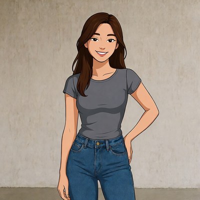 Smiling Asian woman in gray top jeans