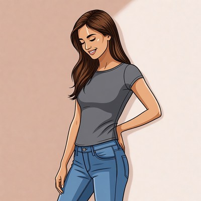 Smiling woman in gray top and jeans