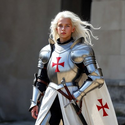Blonde woman in knight armor with sword