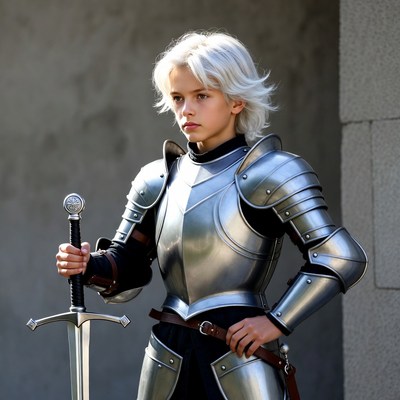 Boy in silver knight armor with sword