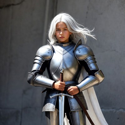 Woman in silver armor holding sword
