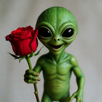 Alien holding red rose