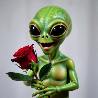 Smiling green alien holding red rose