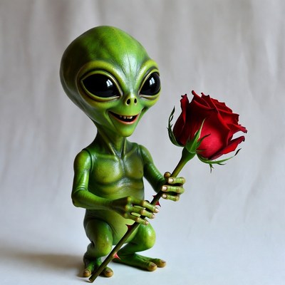 Alien holding red rose
