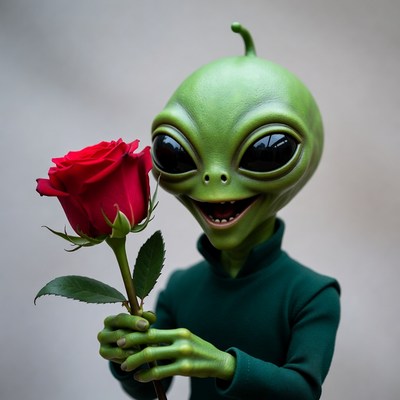 Alien holding red rose