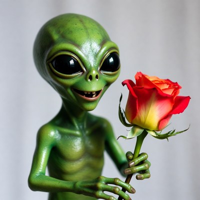 Alien holding red rose