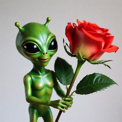 Alien holding red rose
