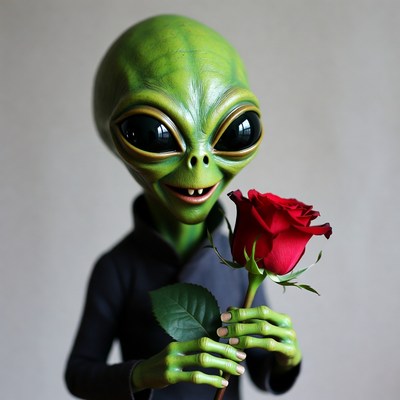 Green Alien Holding Red Rose