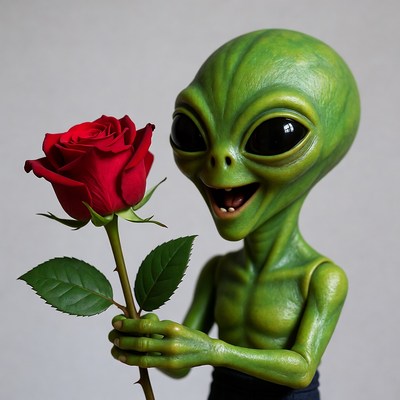 Alien holding red rose