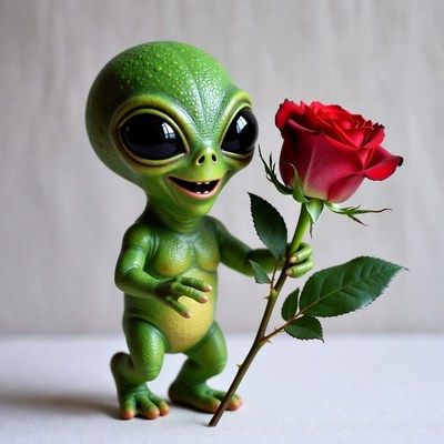 Cute green alien holding red rose