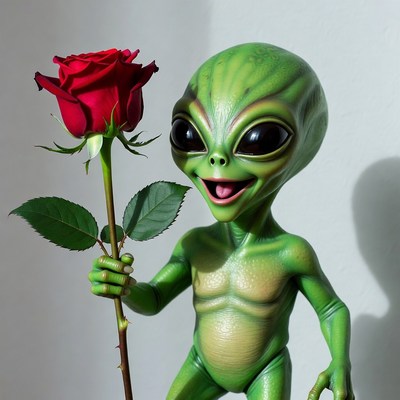 Alien holding red rose