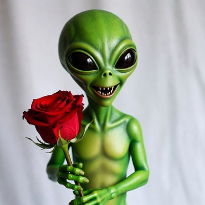 Green Alien Holding Red Rose