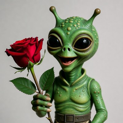 Green Alien Holding Red Rose