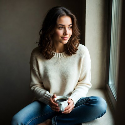 Woman holding coffee by window