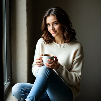 Woman holding coffee mug by window
