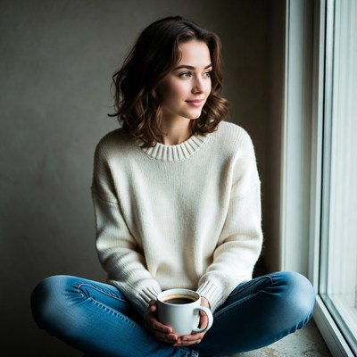 Woman holding coffee cup by window