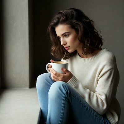 Woman sipping coffee by window