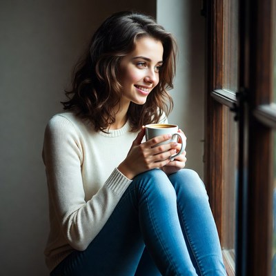 Woman sipping coffee by window