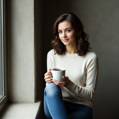 Woman holding coffee mug by window