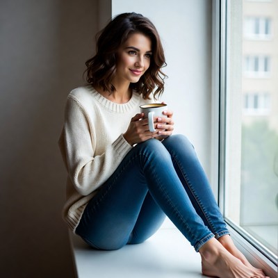 Woman sipping coffee by window