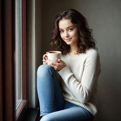 Young woman holding coffee by window