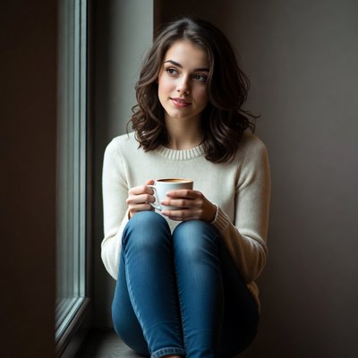 Woman sipping coffee by window