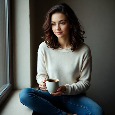 Woman holding coffee by window