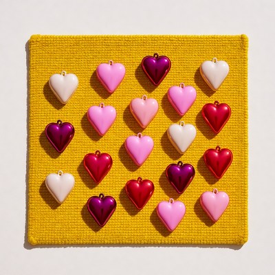 Colorful heart pendants on yellow fabric