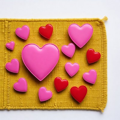 Pink and Red Hearts on Yellow Fabric