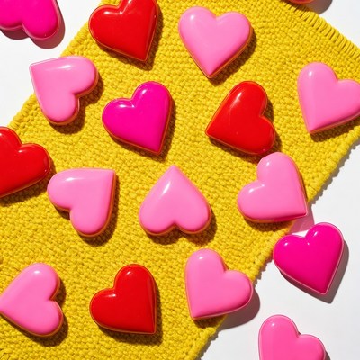 Pink and Red Hearts on Yellow Knit