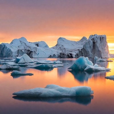 Icebergs in Sunset Arctic Lagoon