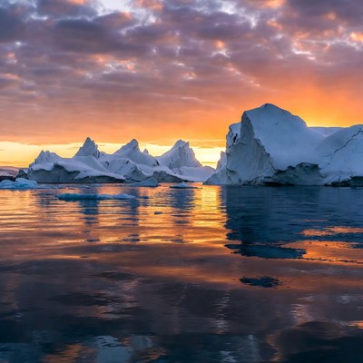Icebergs in sunset over Arctic water
