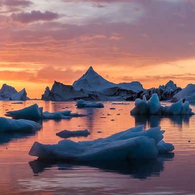 Icebergs in sunset Arctic waters