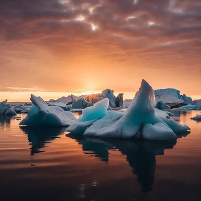 Icebergs in sunset over Arctic lagoon