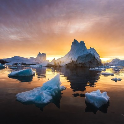 Icebergs in Arctic Sunset Reflection