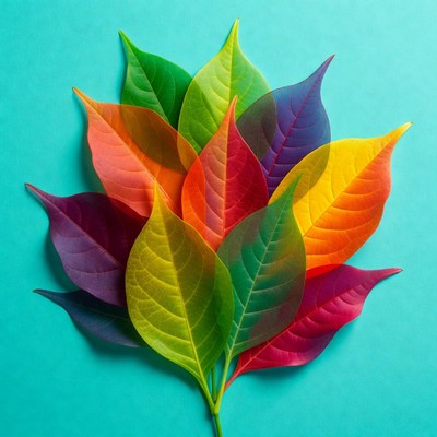 Colorful Overlapping Leaves on Blue Background