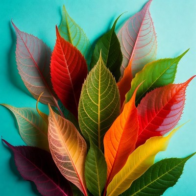 Colorful Autumn Leaves on Blue Background
