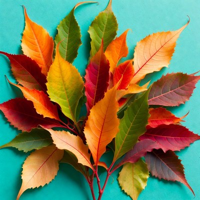 Colorful Autumn Leaves on Blue Background