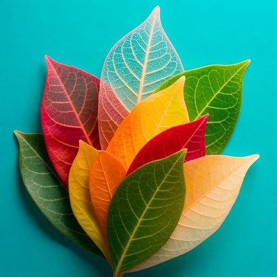 Colorful Transparent Leaves on Blue Background