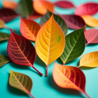 Colorful Autumn Leaves on Blue Background