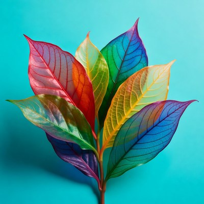 Colorful Transparent Leaves on Blue Background
