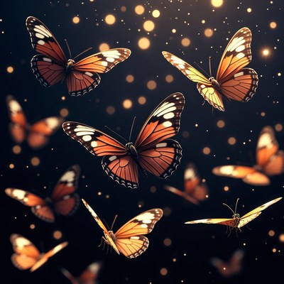 Orange Butterflies Flying on Dark Background