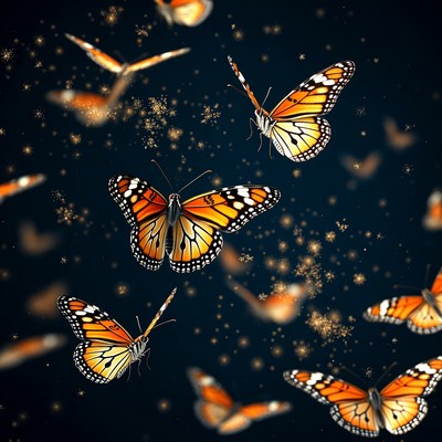 Monarch Butterflies Flying on Dark Background