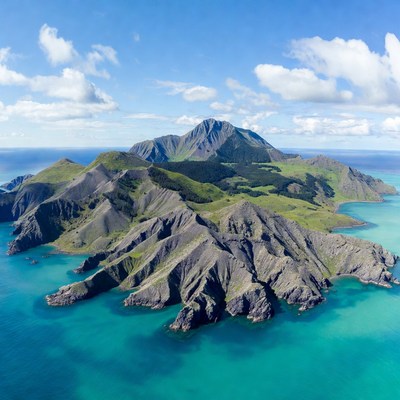 Aerial view of lush green volcanic island