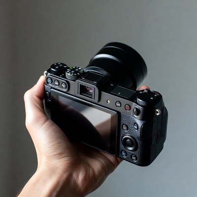Hand holding black mirrorless camera