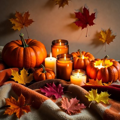 Autumn Pumpkins and Candles with Fall Leaves