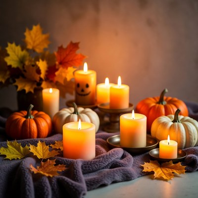 Halloween Pumpkins and Candles with Autumn Leaves