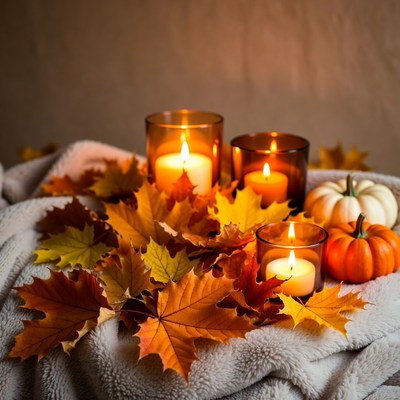 Autumn Candles with Pumpkins and Leaves